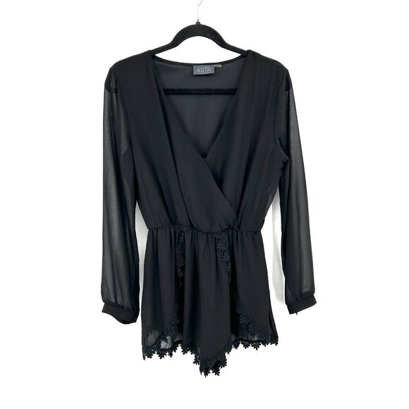 ASTR Black Sheer Long Sleeve Floral Crochet Faux Wrap Romper Size Medium - Picture 2 of 8